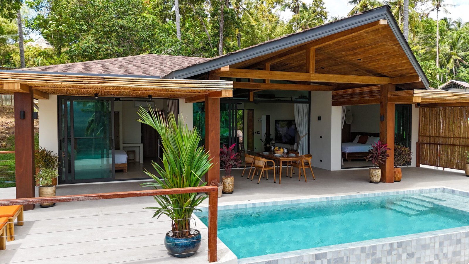 Aerial view villa pool jungle