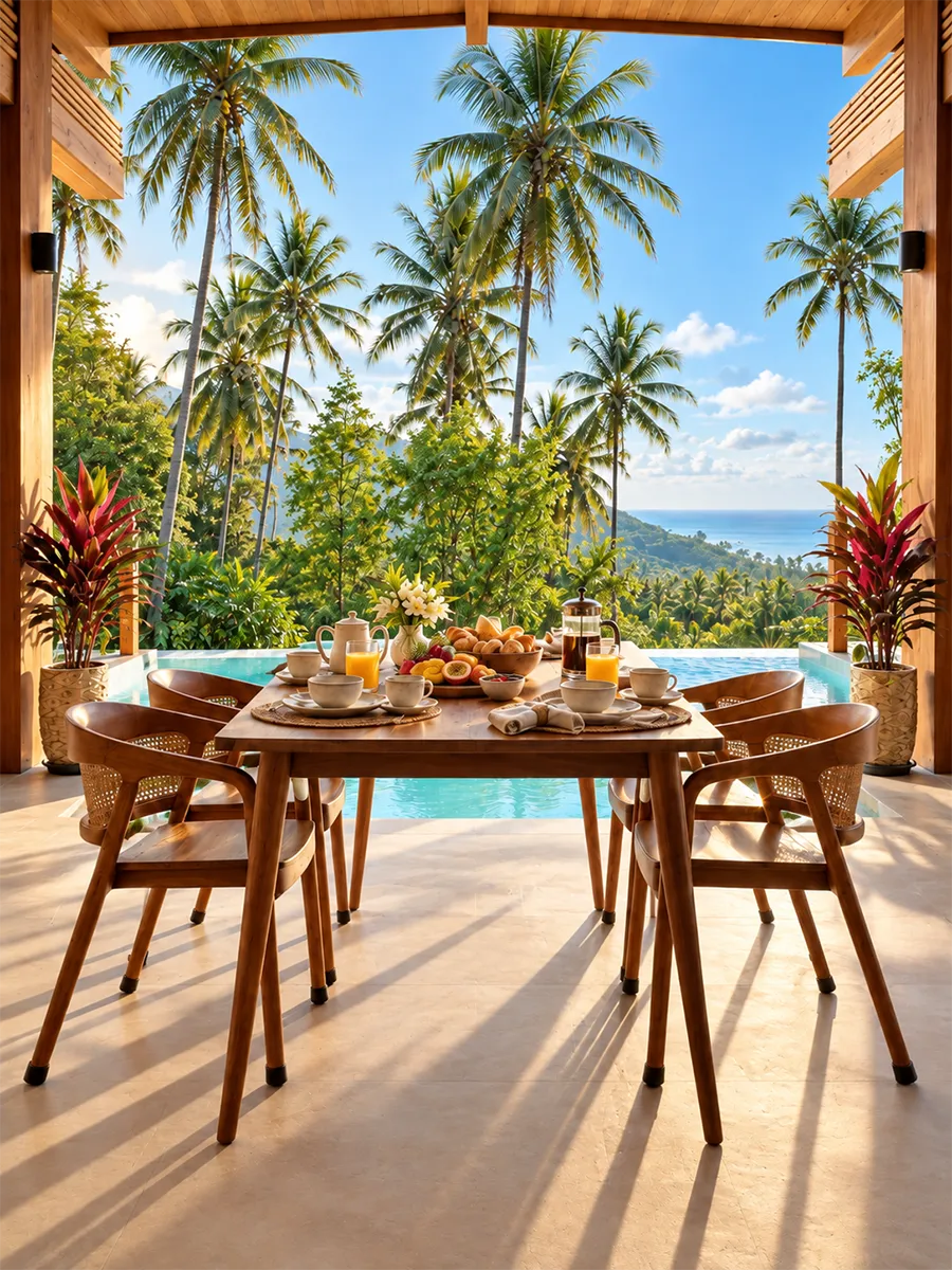 Breakfast table set on the terrace at Villa Altura in the morning light, overlooking the pool and the sea