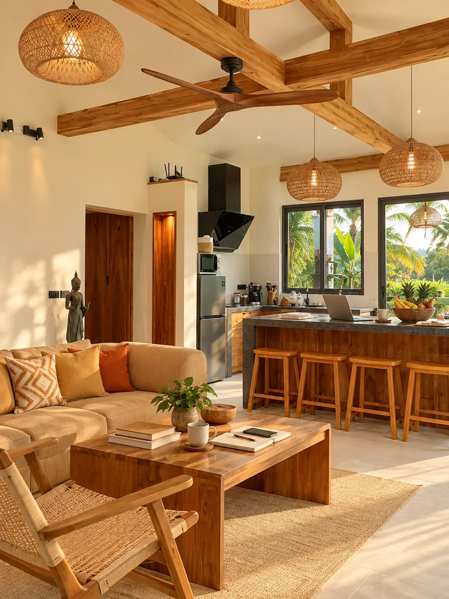 Open plan living room and kitchen at Villa Altura with a laptop resting on the wooden bar counter