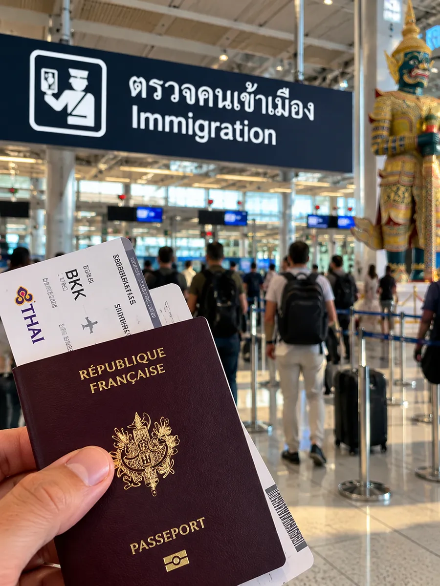 French passport and boarding pass held in front of the Immigration sign at Bangkok airport