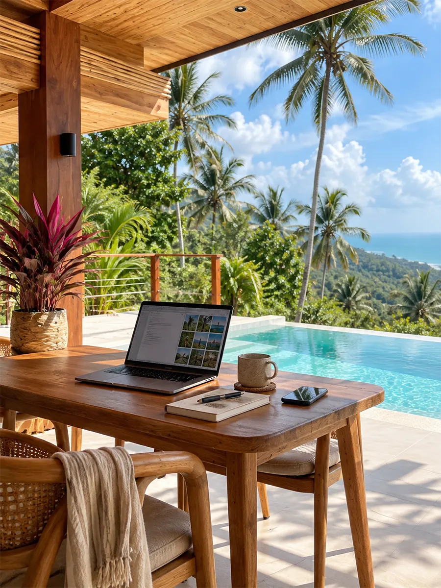Small desk set up on the terrace at Villa Altura, facing the infinity pool and the sea